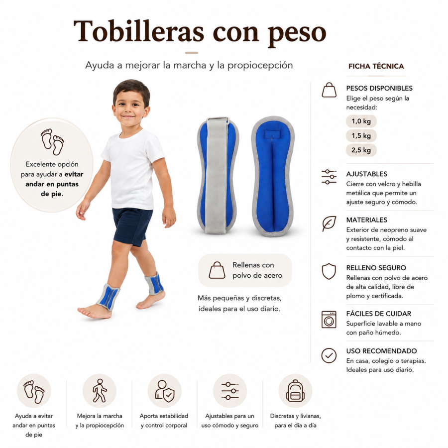 Tobilleras con peso niños, controlan andar en puntillas