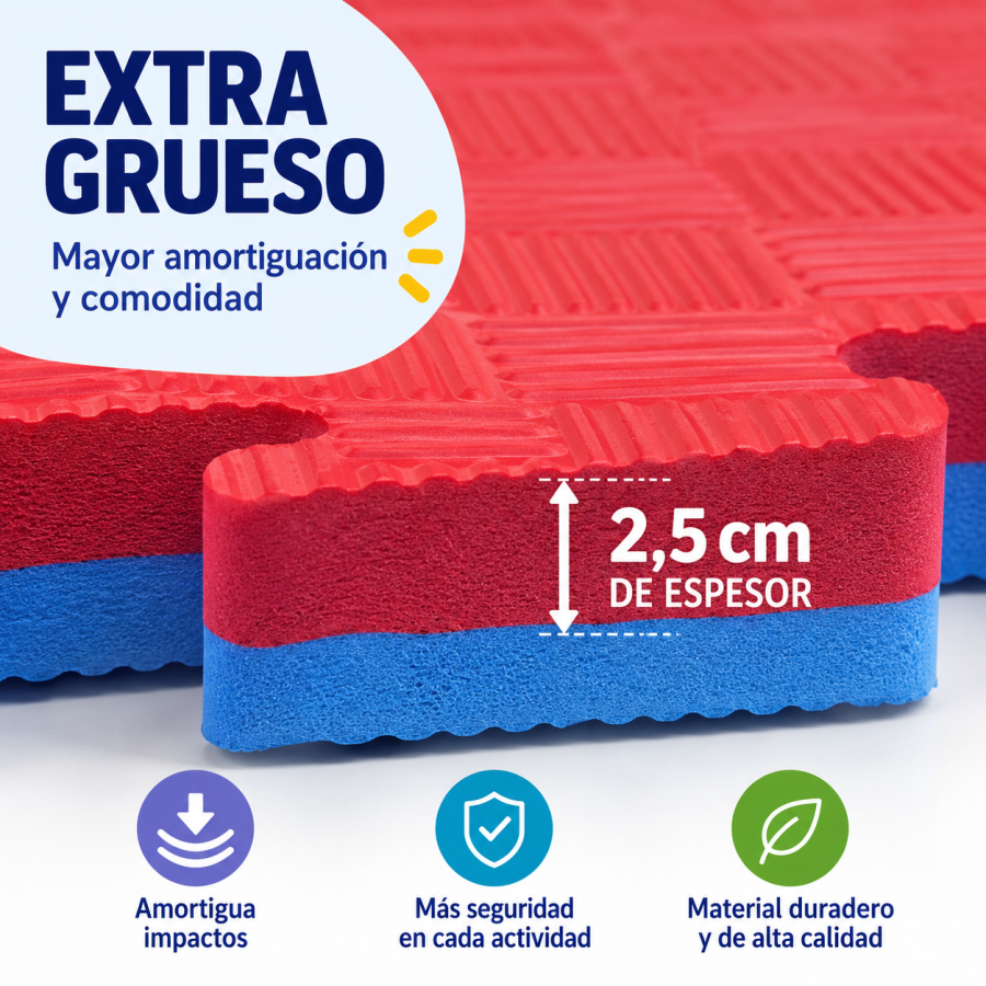 Detalle del espesor de 2,5 cm del tatami de goma EVA
